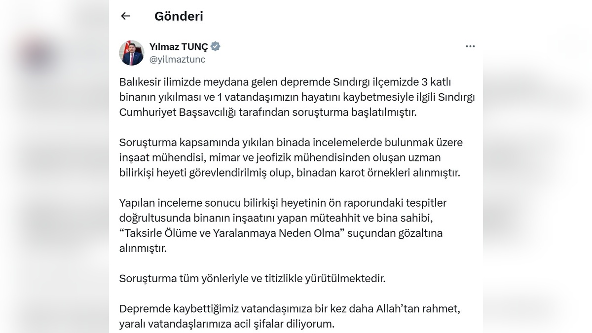 Balıkesir'de depremde yıkılan bina soruşturması: Müteahhit ve bina sahibi gözaltında