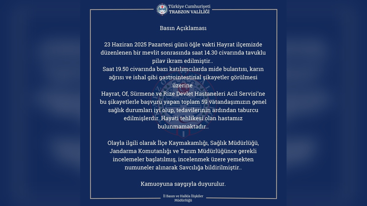 Hayrat'ta mevlit programında gıda zehirlenmesi: 59 kişi tedavi gördü