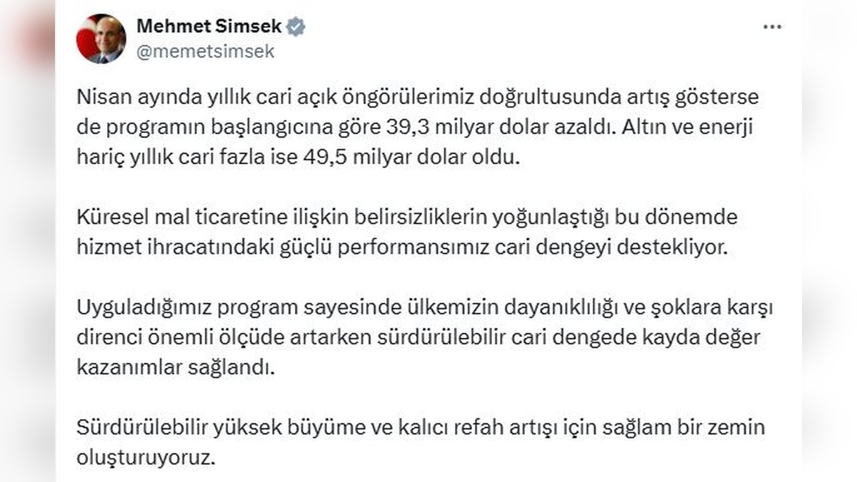 Şimşek: Hizmet ihracatı cari dengeyi destekliyor